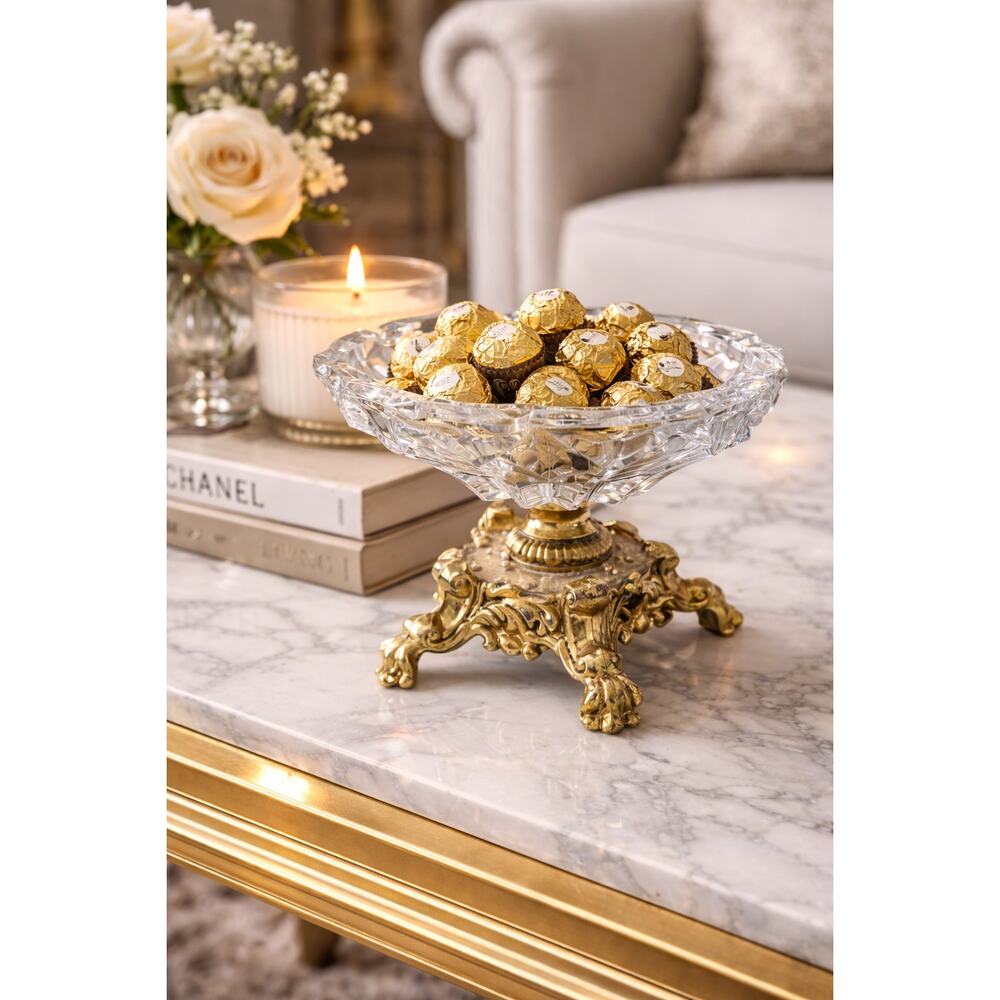 Hollywood Regency Vintage Crystal Pedestal Candy Dish, Brass Compote Bowl